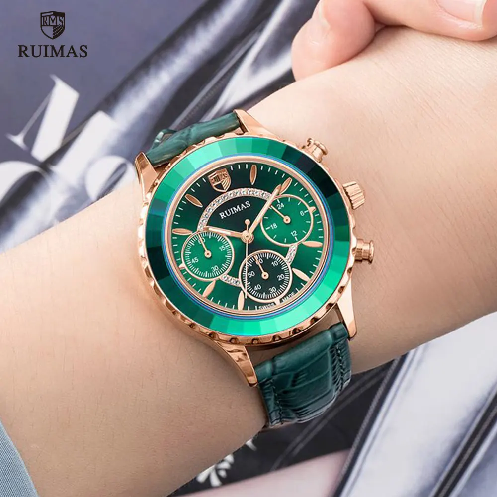 RUIMAS de las Mujeres Cronógrafo de Cuarzo Relojes de Lujo Verde de Cuero reloj de Pulsera de Señora Femenino Reloj de la Marca Superior Relogio Feminino Reloj 592 3