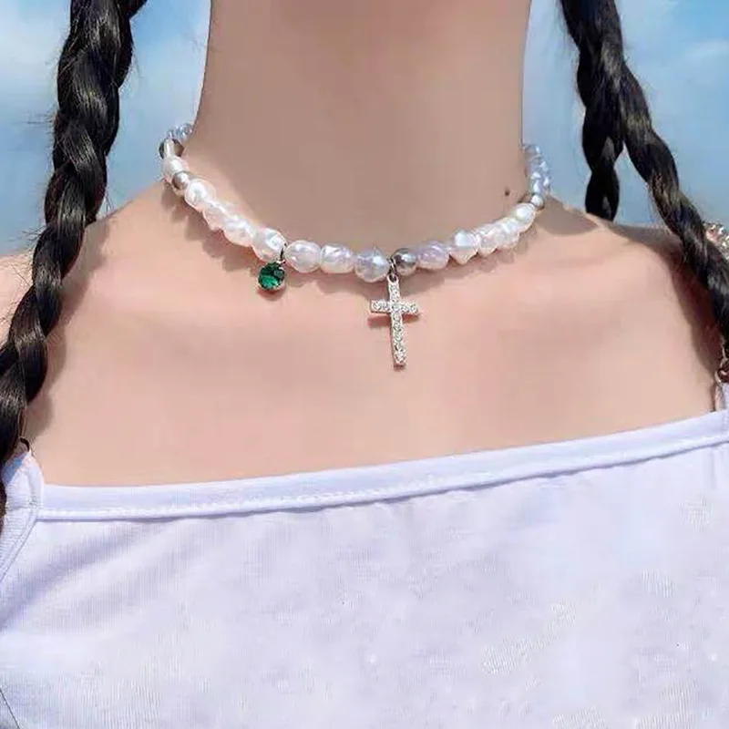 La perla de la Cruz del Collar de la Perla Irregular de la Cruz de la Cadena de Metal Bead Hebra de la Cadena Collar Elegante Avanzado Diaria de las Mujeres de la Joyería 3