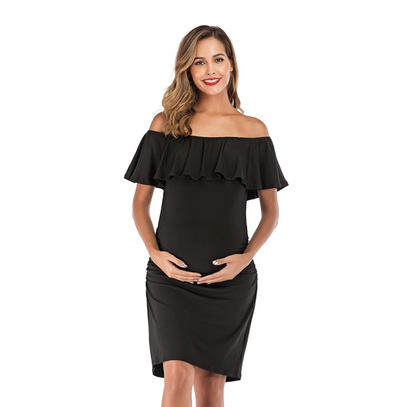 2019 NUEVOS Volantes Fuera del Hombro Vestido de Maternidad de las Mujeres Vestido de la Ducha del Bebé Embarazo Ropa Pliegues a los Costados Bodycon Vestidos Elegantes 3