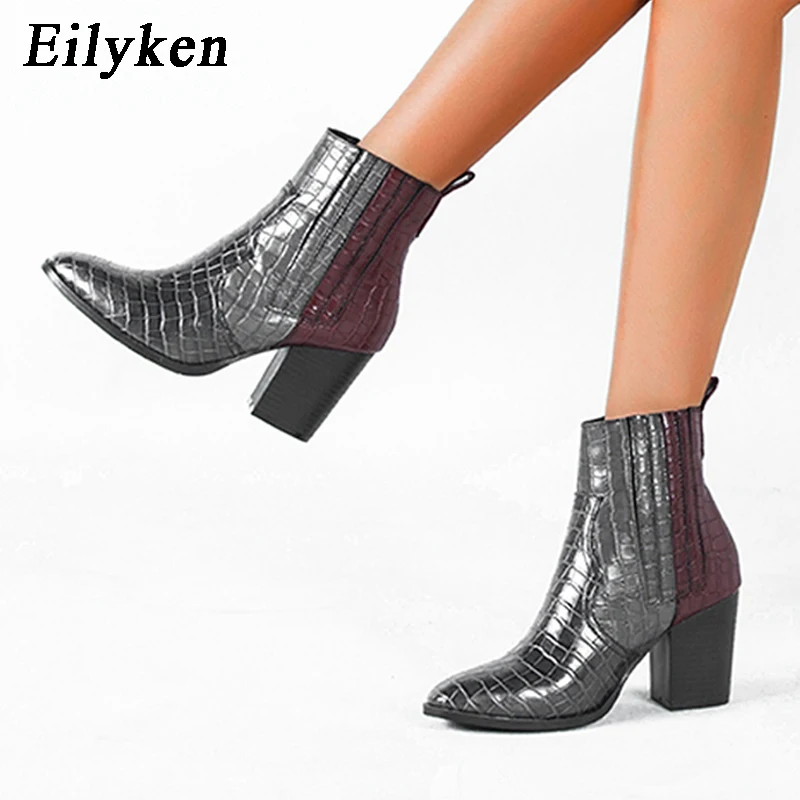 EilyKen Nuevos Colores Mezclados de Serpiente de grano de Tobillo Botas Mujer Plaza de los Tacones de los Zapatos de cordones de Cuero de la Pu Tacones Gruesos Chelsea Botas de las Mujeres 3