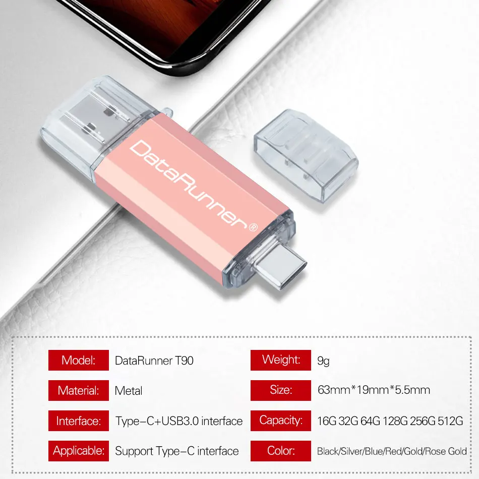 DataRunner OTG Pen Drive 2 en 1 TIPO-C y USB 3.0 Flash drive de 32GB 64GB 128GB 256GB 512 GB de Alta Velocidad de Memoria Flash Memory Stick 3