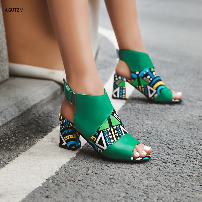 Impresión elegante de las Mujeres Sandalias Botas Peep Toe de la hebilla de la correa de Verano del Alto Talón Zapatos de fiesta Mujer Amarillo Verde sandalias mujer h102 3