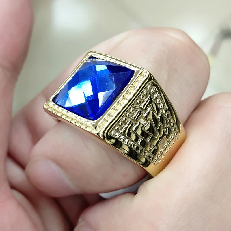 Nueva 2019/11 de Oro de la cruz de Plata del anillo de la calidad de Azul piedra grande de lujo de la plaza masculina anillo de la moda hip hop Punk para los hombres de la joyería 3