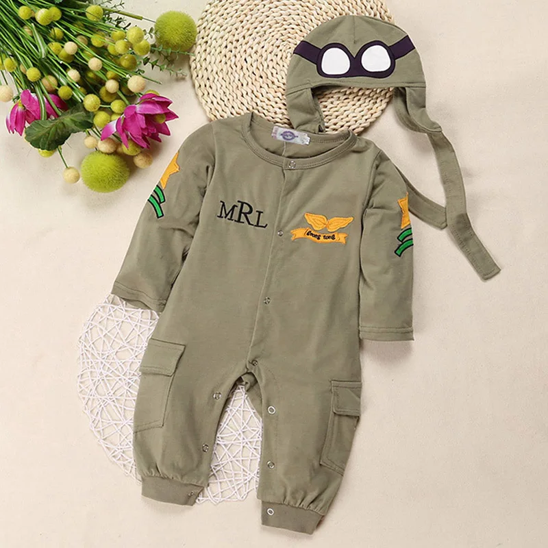 Bebé recién nacido Niños Outwear Peleles Traje de Piloto de la Fuerza Aérea Capitán del Ejército Verde de Manga Larga de Niño Ropa de Bebé con Sombrero de Bebé 3