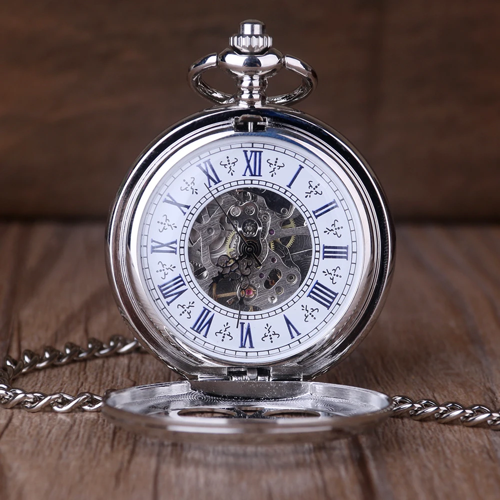 5pcs de Moda colgante de Plata Mecánico Reloj de Bolsillo de Doble Abierto Con Cadena de Metal Steampunk Reloj Número Romano Unisex 3