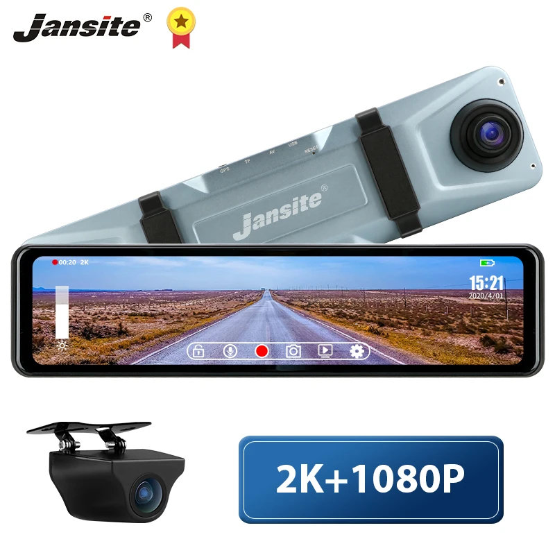 Jansite 2K+HD 1080P del Coche DVR Grabador de Vídeo Espejo de la Vista Posterior de la Cámara GPS Dash Cam Registrador Automático de la grabadora de 24H, Parking G-Sensor 3