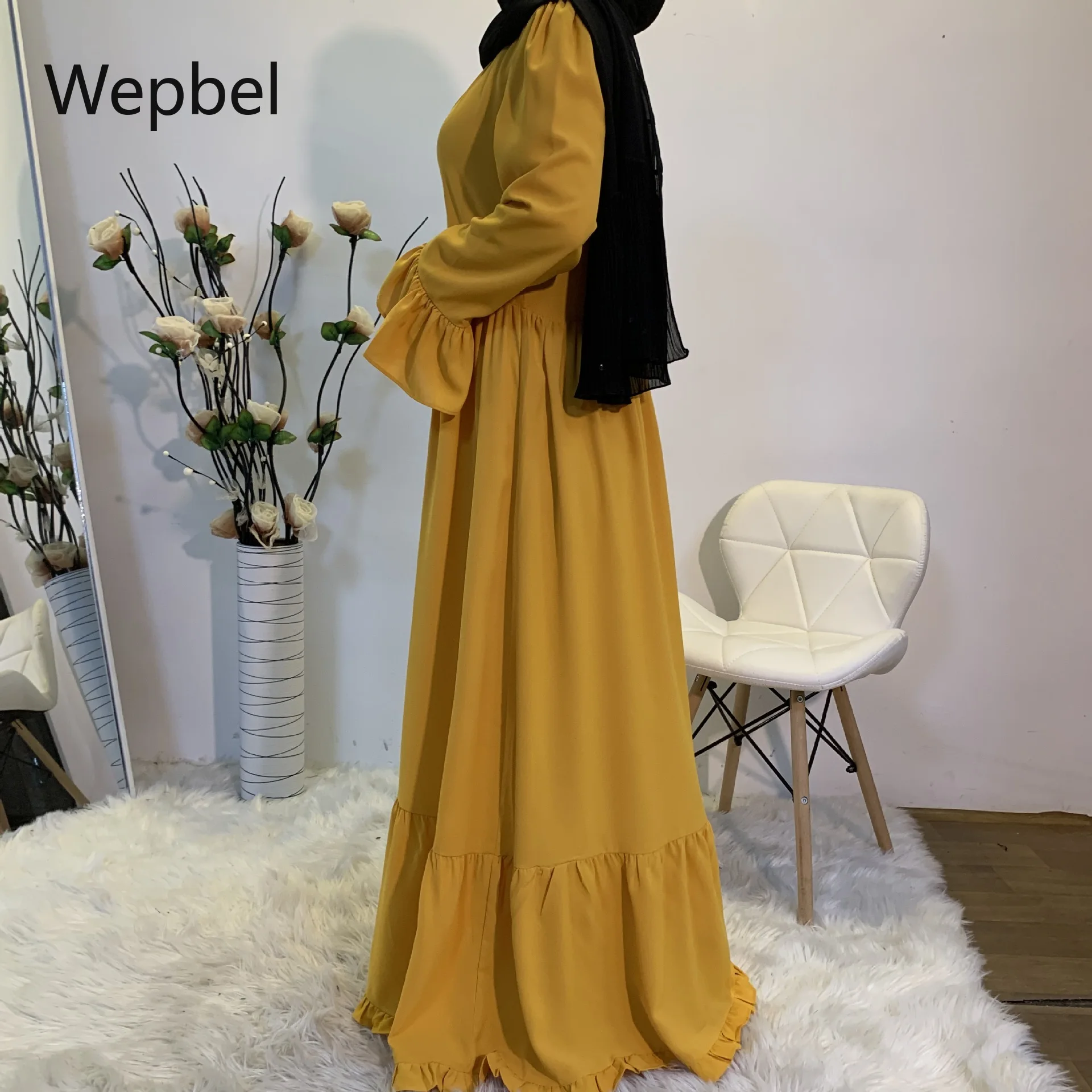 Weppel Casual de las Mujeres Vestido de Musulmán Panel Sólido de Color Cuerno de Manga Larga Abaya Ampliable Oscilación Grande Túnica Islámica Ropa Vestido 3