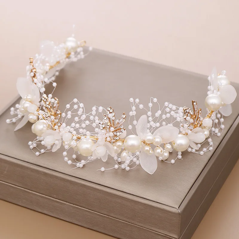 FD001 Nuevo diseño de la perla flloral de novia de la boda de diadema hecha a mano hojas de oro de la diadema de cabello decoración para la novia 3