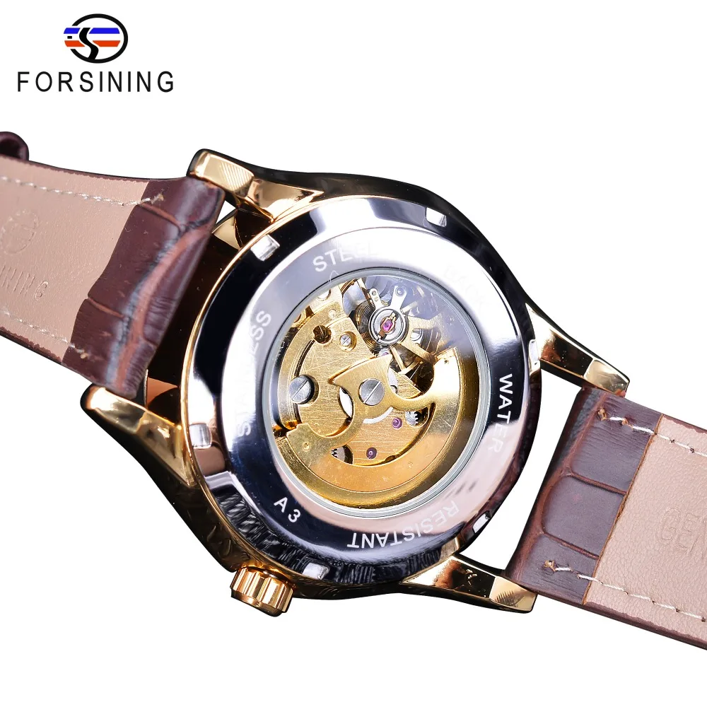 Forsining 2018 Oro Dragón Chino de Diseño Marrón Correa de Cuero Relojes Mecánicos relojes para hombre de la marca superior de lujo esqueleto reloj 3