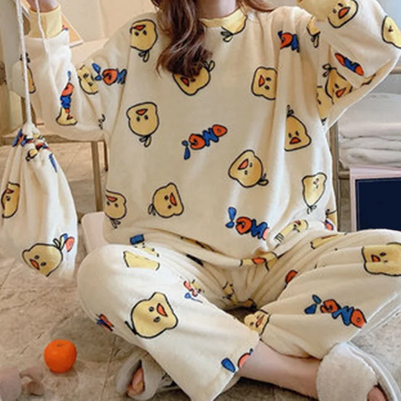 2020 de Invierno de las Mujeres de dibujos animados de Pijama de Manga Larga de Franela 2pcs Pijamas Conjunto de Espesor de Coral de Terciopelo ropa de dormir a Casa de Traje Para las Mujeres Pijama 3