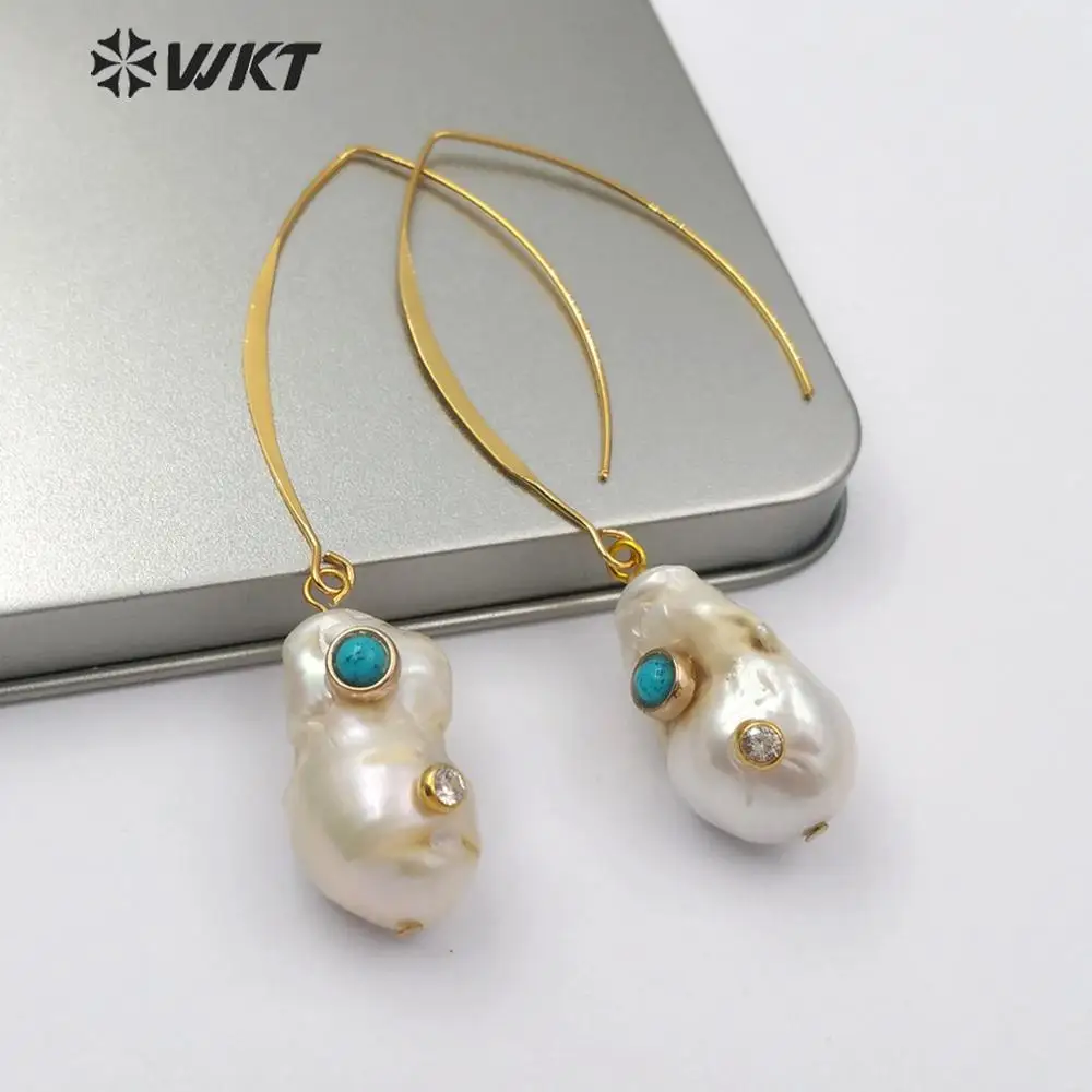 WT-E527 Barroco de la Perla del Pendiente de la Perla Blanca Con Doble Joya piedras del Encanto de las Mujeres de la Oreja de Alambre del Pendiente Natural de la Perla del Pendiente de la Joyería 3