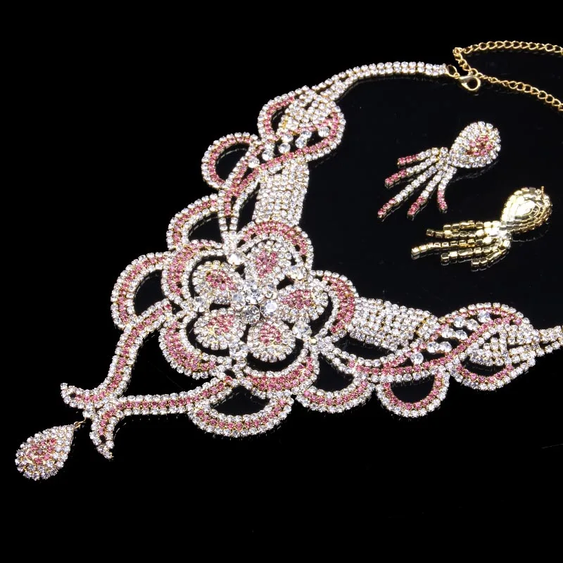 2018 Revestidos de Cristal Conjuntos de Joyas de Novia de Fiesta de la Boda del Collar de los Pendientes de diamantes de imitación de color Rosa Delicado de la Joyería para las Mujeres de Regalo 3