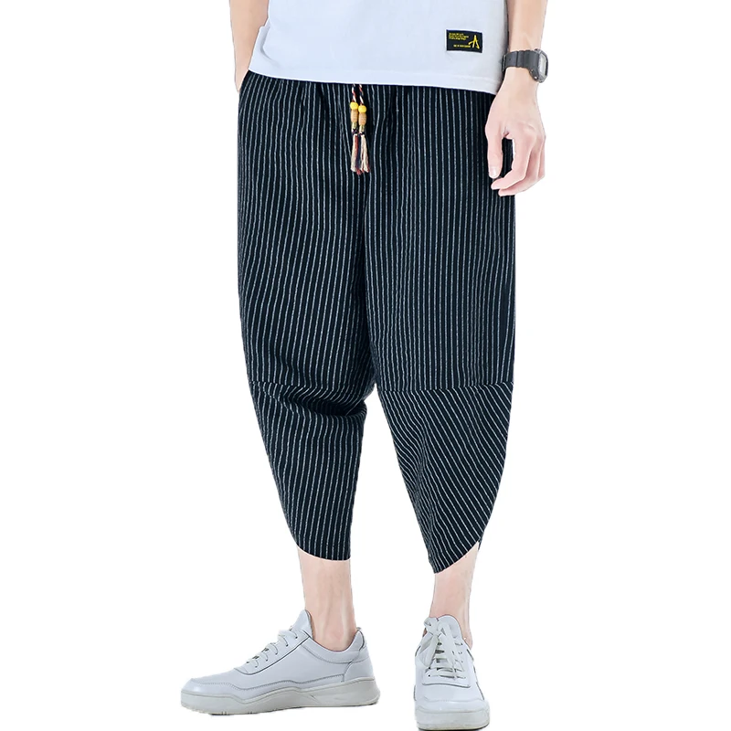 De los hombres casual suelto rayas recortada pantalones de verano de 2020 personalidad con cuentas cintura elástica estilo Chino de algodón de lino pantalones casuales 3