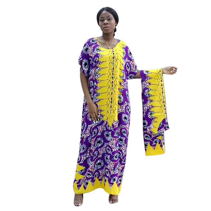Africanas de la ropa del Tranditional Largo Suelto Vestido Vintage Dashiki caftán étnicos africanos vestidos para las mujeres con bufanda 3