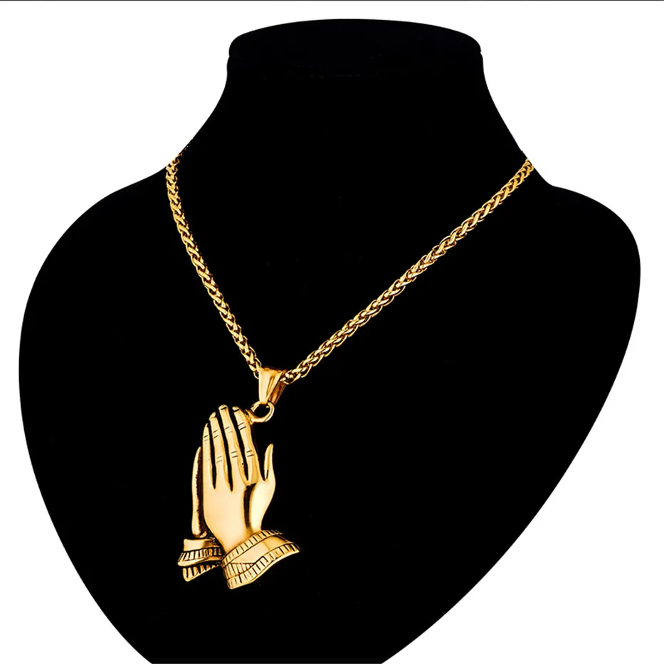 Hip Hop de la Joyería de Las Manos en oración Colgante Collares las Mujeres de los Hombres de Oro de Cadena Larga Collar de acero Inoxidable Hiphop 3