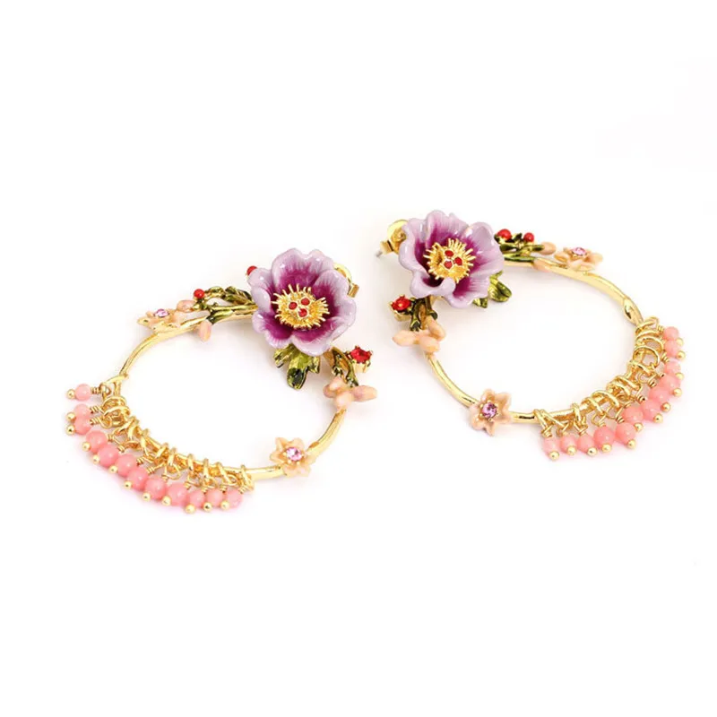 Francés jardín de invierno de la serie de esmalte esmalte peonía flores exagerada aretes grandes anillo de oído femenino nuevos estantes 3