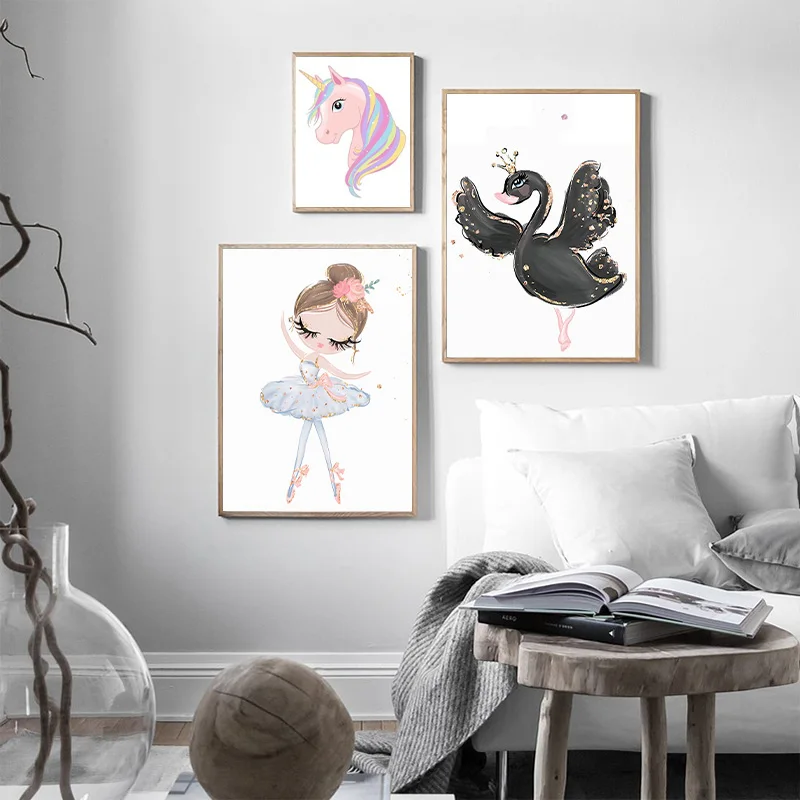 Nordic Swan Bailarina de Ballet Girl Caballo de dibujos animados de la Pared de la Lona de Pintura de carteles Y Arte de la Pared de Impresión de Fotos Para niños Dormitorio Decoración para el Hogar 3