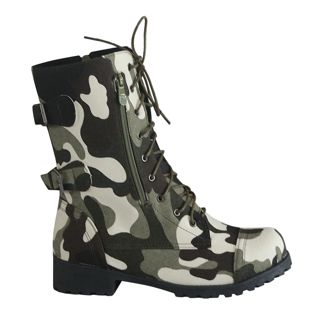 SAGACE de invierno para Mujeres zapatos planos forro de correas de tobillo de camuflaje de combate militar casual camuflaje de tacón bajo las botas de combate 3