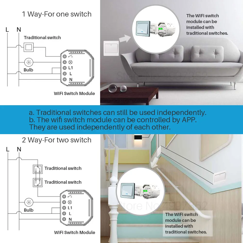 DIY WiFi Interruptor Interruptor de Automatización de Módulo de Interruptor de la Luz de WiFi Tuya la Vida Inteligente de la APLICACIÓN de Control Remoto Compatible con Alexa Echo principal de Google 3