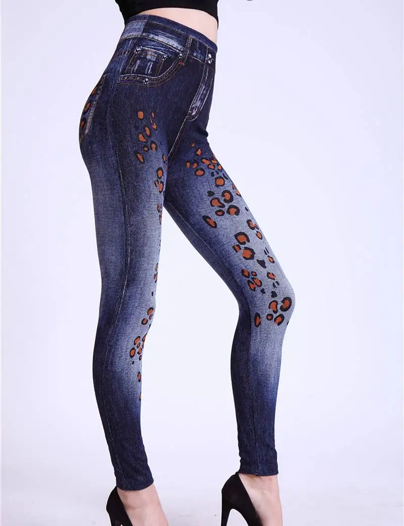 La dama de la Primavera de Otoño en nueva imitación jeans leggings casual falso de mezclilla azul jegging calle floral agujero gato leopardo tatuaje de impresión pantalón 3