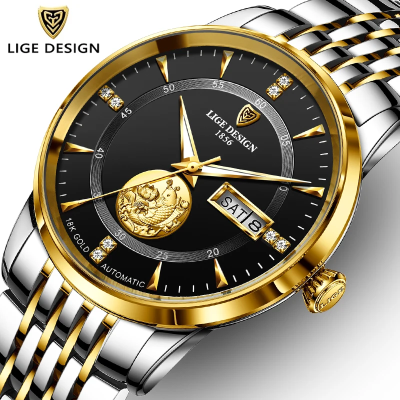 2020New LIGE los Hombres Reloj de la parte Superior de la Marca de Lujo de Oro de Negocio de los Relojes Mecánicos De los Hombres de Acero Inoxidable 100M Impermeable Reloj Automático 3