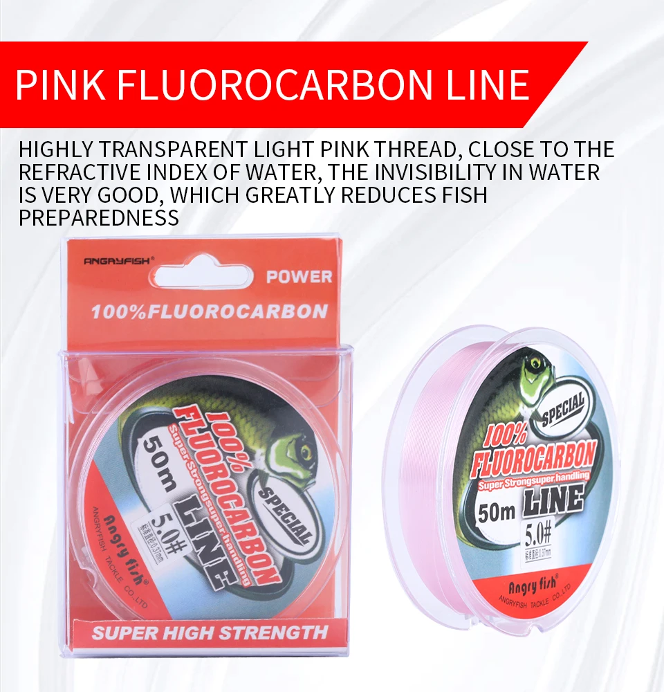 Angryfish de Fluorocarbono Línea de Pesca a 50m Transparente/Rosa Super fuerte de Fibra de Carbono Líder de la Línea de 3