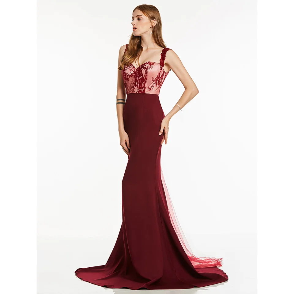 Dressv rojo vestido de noche largo hoteles de correas de encaje sin mangas de la fiesta de la boda vestido formal de la sirena vestidos de noche 3