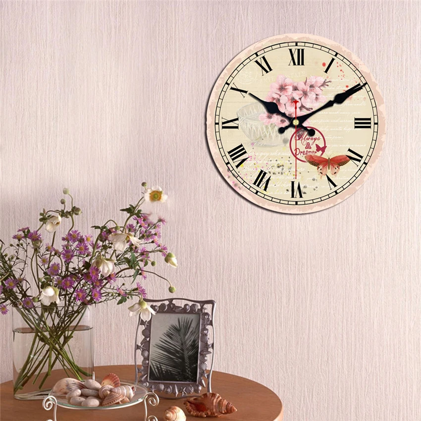 Shabby Chic Reloj De Flores De Color Rosa En Silencio La Oficina De La Casa Cafe Bar De Cocina Decoración De La Casa Saat Vintage De Arte De Gran Tamaño Reloj De Pared Ningún Sonido De Tic-Tac 3