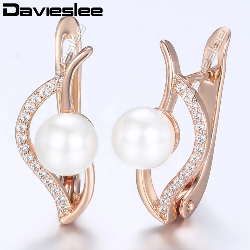 Davieslee 585 Oro Rosa Lleno de Aretes Para las Mujeres Simulado de la Perla de la Moda Aretes de Joyería de Moda LGE172 3