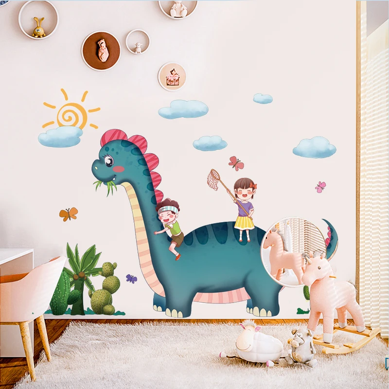 Dibujos animados de dinosaurios niños jugando etiqueta engomada de la pared creativos de los niños decoración de la habitación de dormitorio pegatinas infantiles auto-adhesivo de decoración para el hogar 3