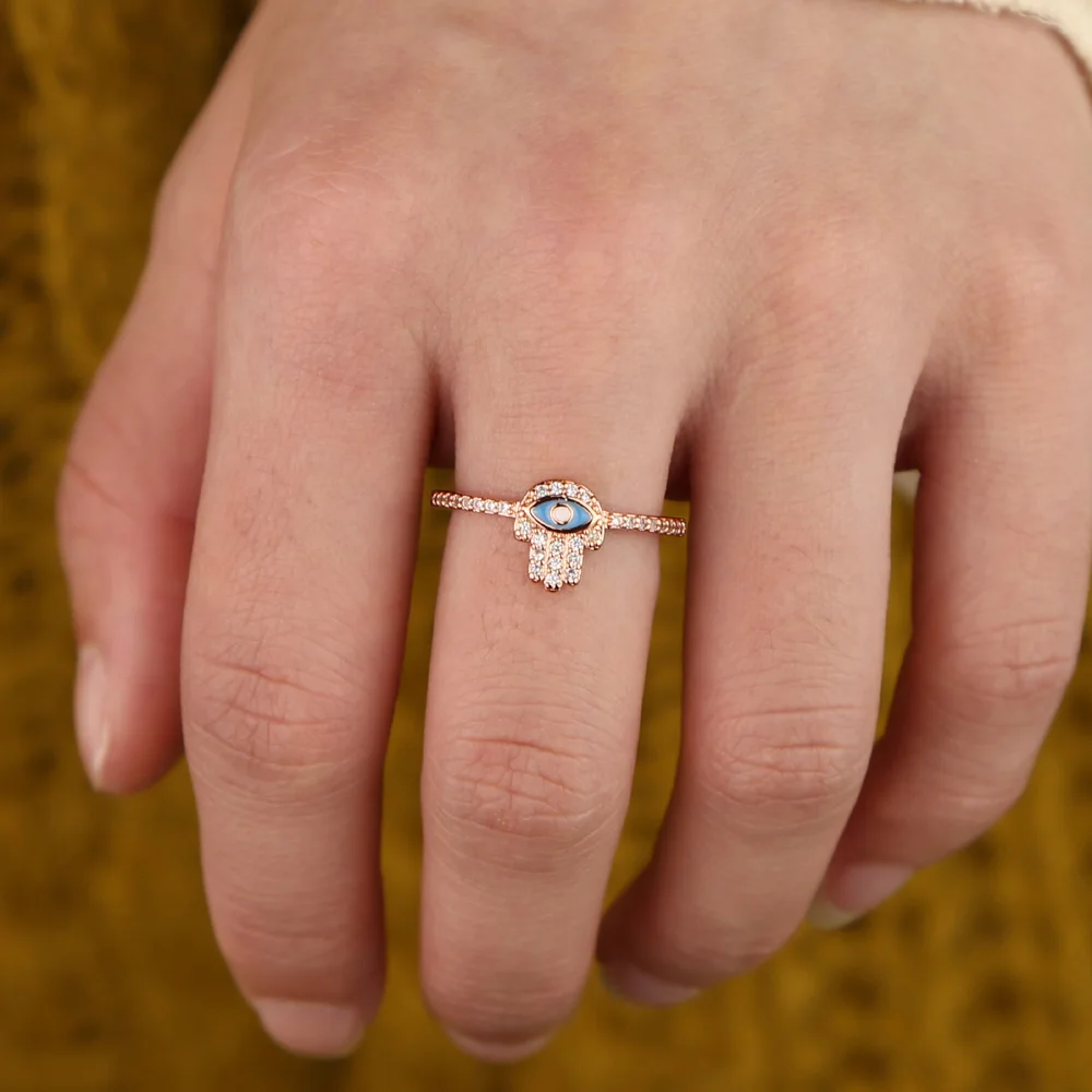 Color rosa de oro pequeño lindo precioso hamsa mano de fátima, de la mano del encanto dulce turco de la joyería anillos anillo de compromiso para las mujeres 3