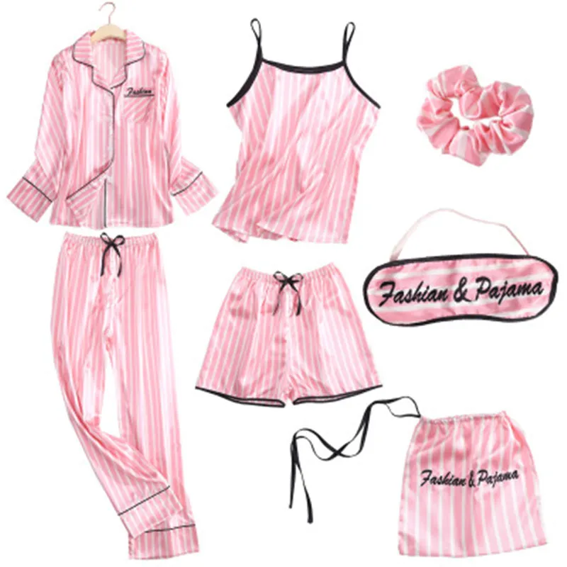 2020 Banda de color Rosa de las Mujeres de 7 Piezas Conjuntos de Pijamas de Emulación de Seda a Rayas de Pijama de las Mujeres ropa de dormir de los Conjuntos de Primavera Verano Otoño ropa de hogar 3