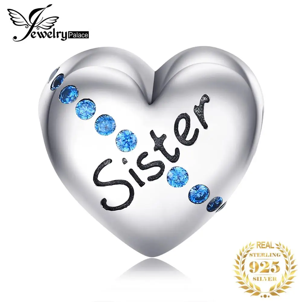JewelryPalace De La Plata Esterlina 925 Grabado Hermana Azul Cubic Zirconia Corazón Encanto Granos Ajuste Pulseras Para Su Hermana Como Regalo 3