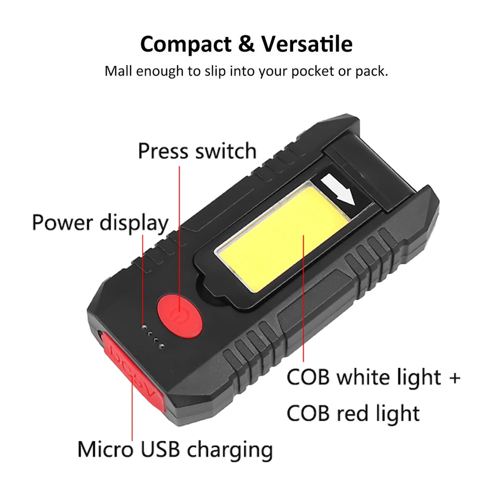 Portátil COB LED de Luz de Trabajo Recargable USB Lámpara de Trabajo Incorporado en la Batería de la Linterna Magnética de la Antorcha con el Gancho de la Luz Roja Worklight 3