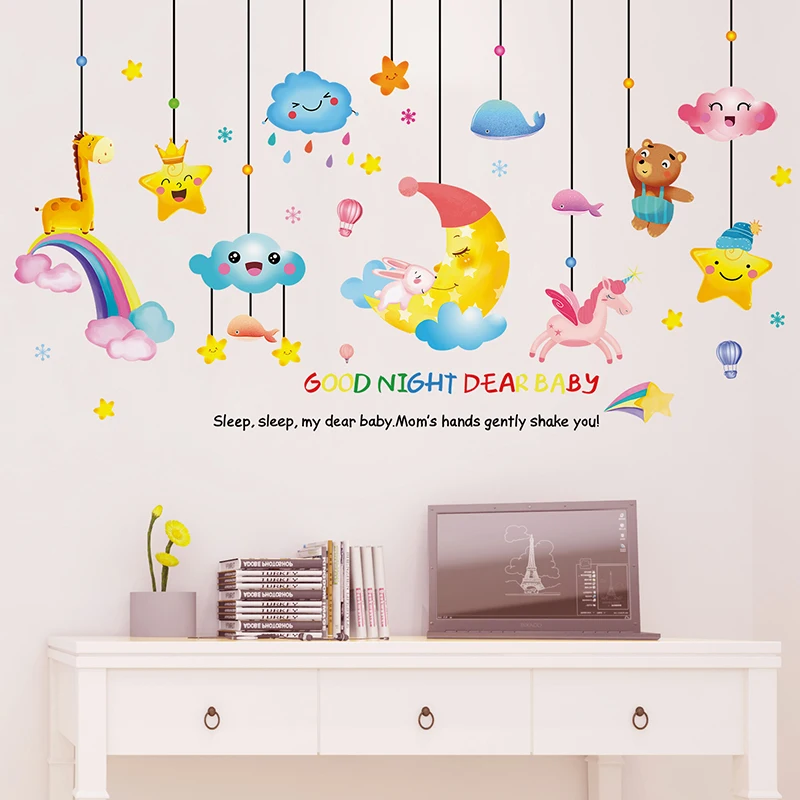[shijuekongjian] Animales de dibujos animados Globos Pegatinas de Pared DIY Nubes la Luna de vinilos para Niños Dormitorio de la Habitación del Bebé Decoración de la Casa 3