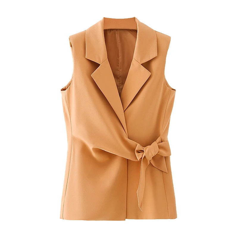 ZXQJ las mujeres de la moda sólido chaleco naranja 2020 nuevo y elegante dama de cuello en v de proa prendas de abrigo causal femenino delgado chaleco niñas chic conjuntos 3
