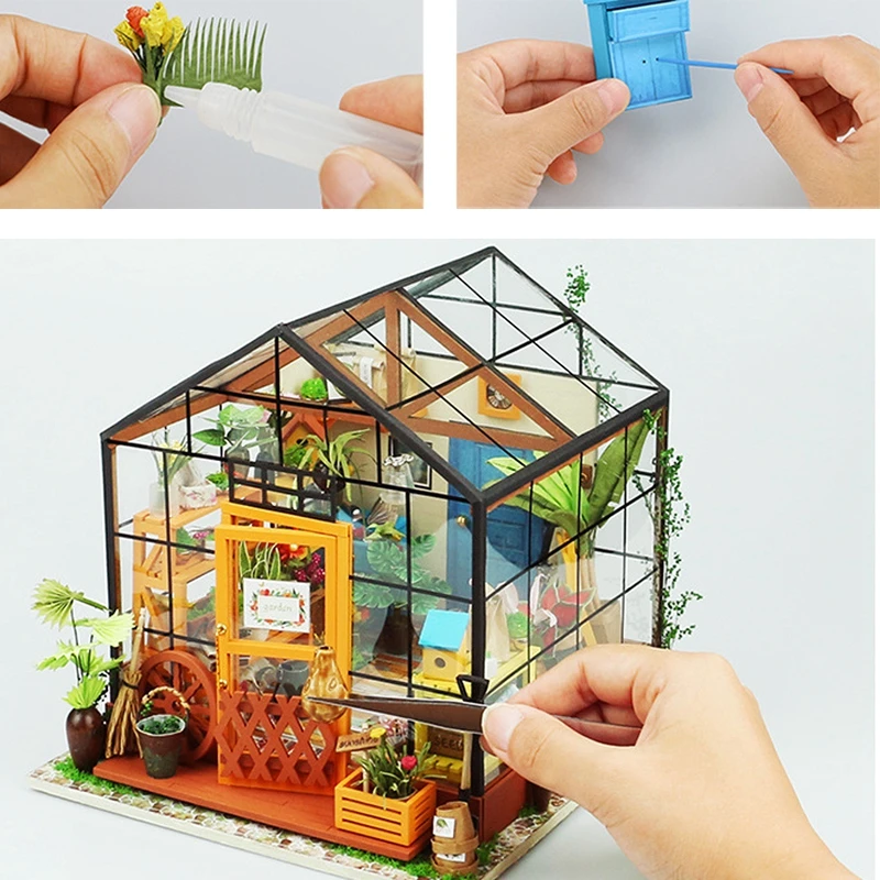 BRICOLAJE de Madera de la Flor de la casa en Miniatura casa de Muñecas 3D LED Mini Kit de casa de Muñecas Con Muebles Kit de Luz Creativo Regalo de Navidad 3