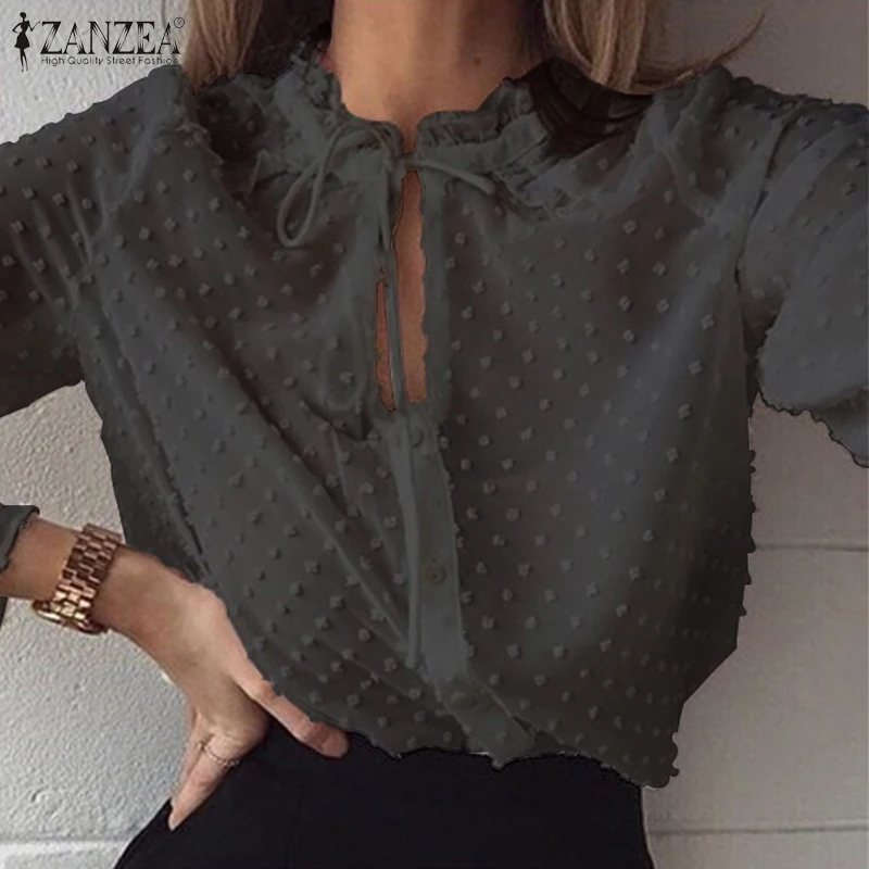 La moda de la Colmena de los Tops de las Mujeres de Encaje de Costura Blusa 2021 ZANZEA Sexy Ver a través de Blusas Mujer Túnica de Cuello alto de Más Tamaño 5XL 3