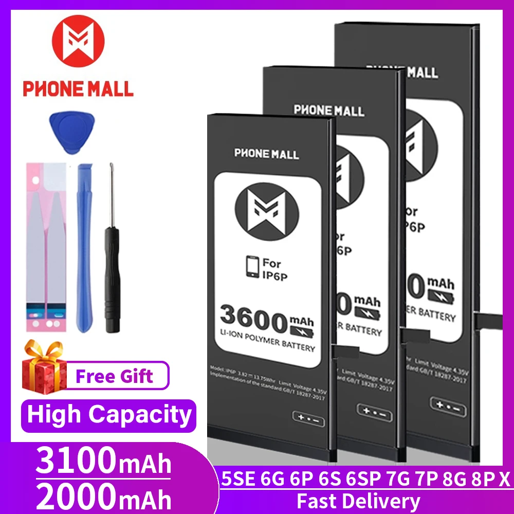 PHONEMALL de Alta Capacidad AAAAAA Batería Para el iPhone 6 6S 5G 5S 7 8 Plus X 6Plus Original Bateador de Reemplazo Para el Iphone X 6 7G 3