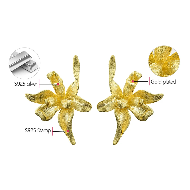 Lotus Diversión Elegante Flor de Iris Aretes Real de la Plata Esterlina 925 18K Aretes de Oro para las Mujeres hechas a Mano del Diseñador de la Joyería Fina 3