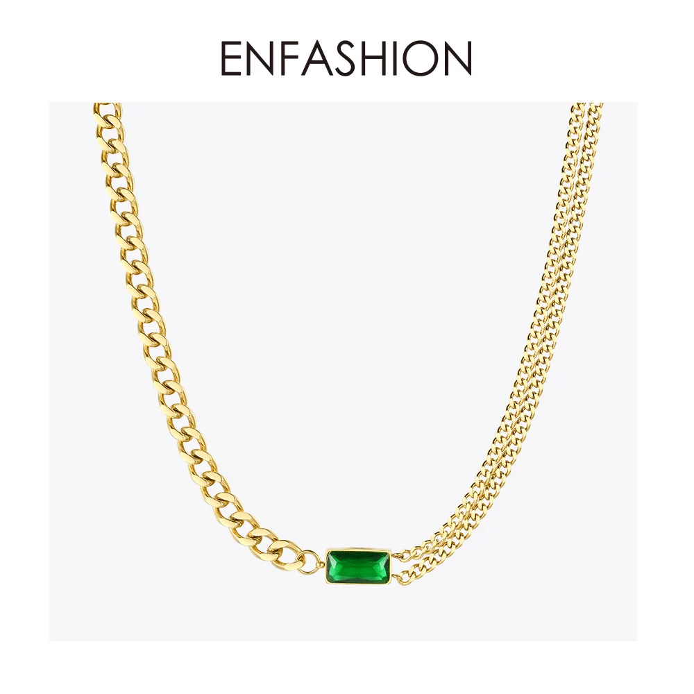 ENFASHION Piedra Verde Eslabón de la Cadena Gargantilla Collar de las Mujeres del Color del Oro de Vidrio de Acero Inoxidable Colgante de Collares de la Joyería de la Moda P3116 3