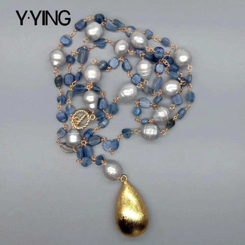 Y·YING Azul Kyanites Gris Arroz Perla de agua dulce de la declaración del Collar de la Lágrima Cepillado Chapado en Oro Colgante de 21