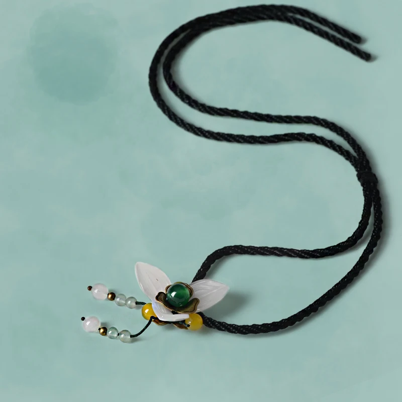Gargantilla para las mujeres de moda lindo encanto de la moda de xiuyan flor de piedra verde amarillo perlas colgante de cadena corta de la vendimia de la joyería 3