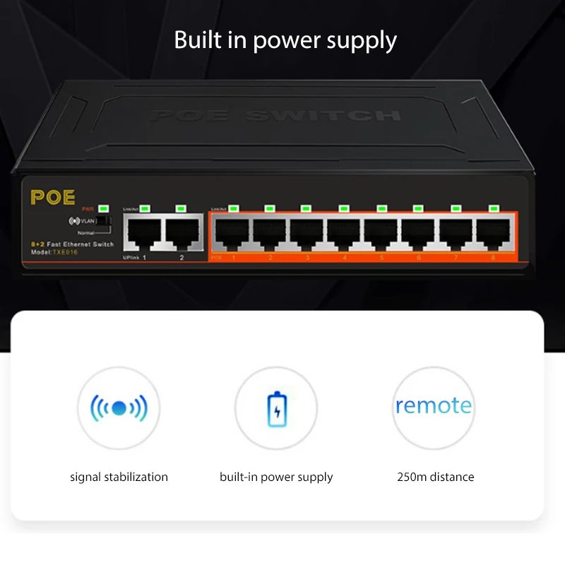 8+2 Puertos de 10/100Mbps Conmutador PoE Inyector de Alimentación a través de Ethernet Switch para Cámaras IP AP VoIP de la Red Vlan Smart Switch 3