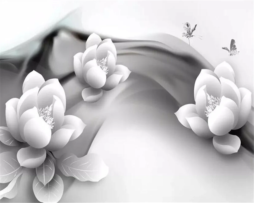 Beibehang Personalizados en 3D Mural de papel pintado en blanco y Negro tinta de loto de la mariposa Hotel Cafe de Fondo de papel tapiz para paredes 3 d tapeta 3