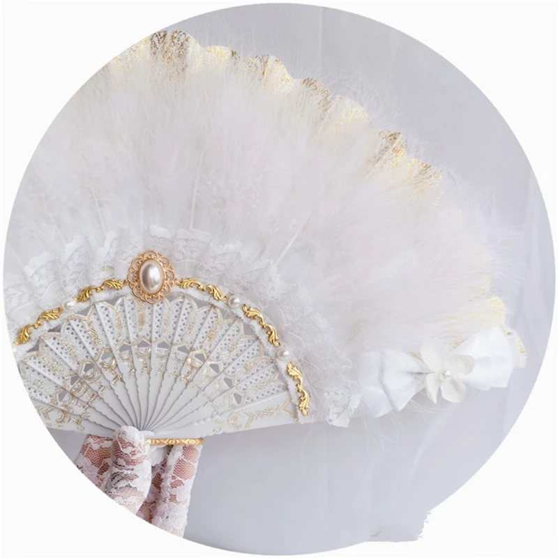 La Perla Blanca De Plumas Vintage Oro Estampado Abanico Lolita Harajuku Gótico Estilo Retro Portátil De Mano Fan De Regalos 3