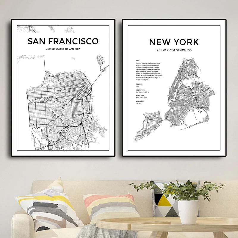 América estados UNIDOS Mapa de la Ciudad Carteles y Grabados Abstractos, Pinturas en Lienzo Blanco y Negro de Nueva York, San Francisco de Arte de Pared de Imagen de Decoración para el Hogar 3