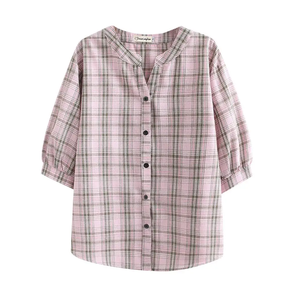 Nueva 2021 verano más el tamaño de tops para las mujeres grandes blusa de manga corta casual de algodón suelta camisa a cuadros de color rosa azul 3XL 4XL 5XL 6XL 3