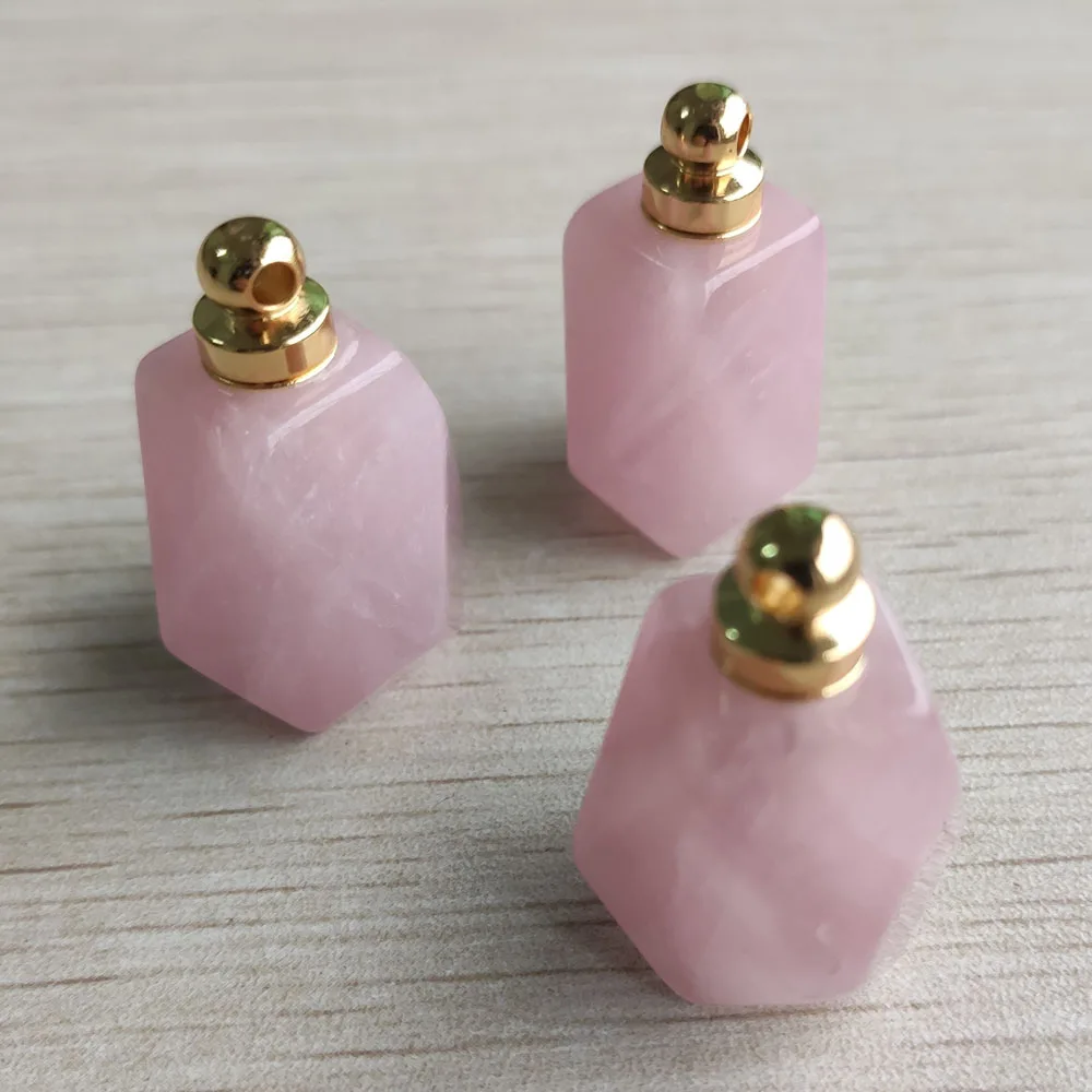 Mayorista de 3pcs/lote de la moda de cuarzo natural de piedra de color rosa botella de perfume polígono colgantes de la Joyería de diy Collar de Accesorios 3