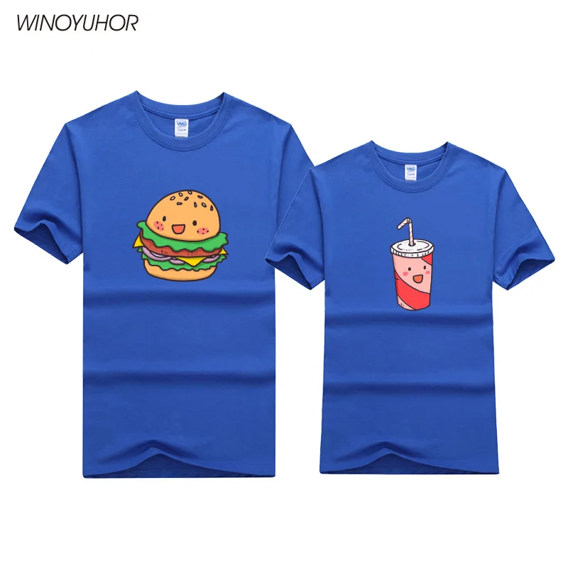 Hamburguesa Bebidas Impreso T-shirt de la Mujer para Hombre Verano de Manga Corta T Camisa de Algodón Par de Coincidencia de los Amantes Divertido Unisex T-shirt 3